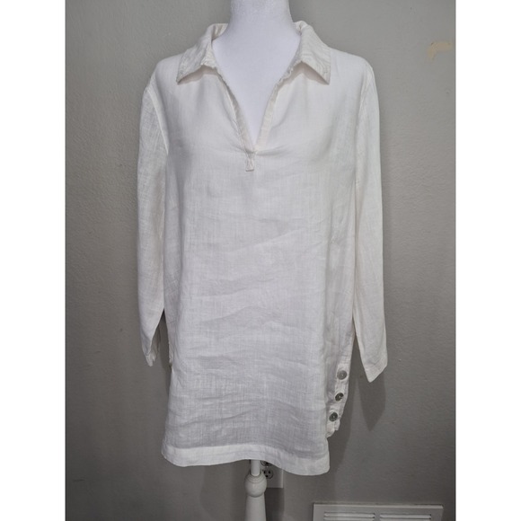 TAHARI White 100% Linen Tunic Blouse Shirt Sz L Popover Minimalist Coastal Beach - Picture 2 of 8